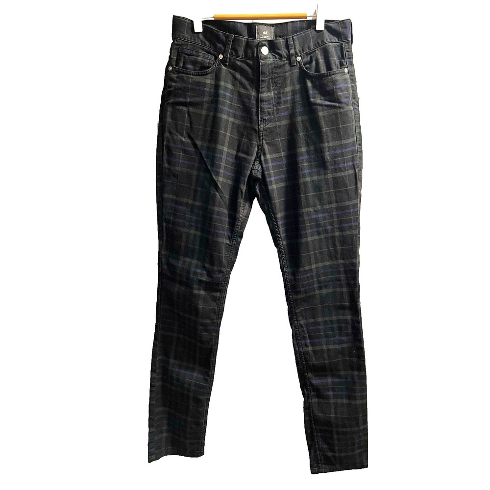 H&M Men's Skinny Fit Plaid Stretch Denim Jeans Black Green Blue 32x31
